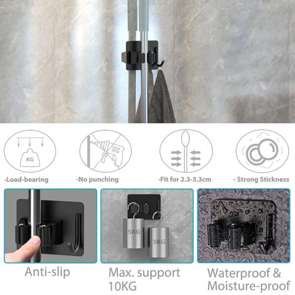 JIALTO 4 Pcs Adhesive Mop Holder and Broom Holder Wall Mounted Stainless Steel | Heavy Duty Mop & Broom Organizer with Hooks | Adhesive Storage Rack for Kitchen, Bathroom & Garage (Black, 4)