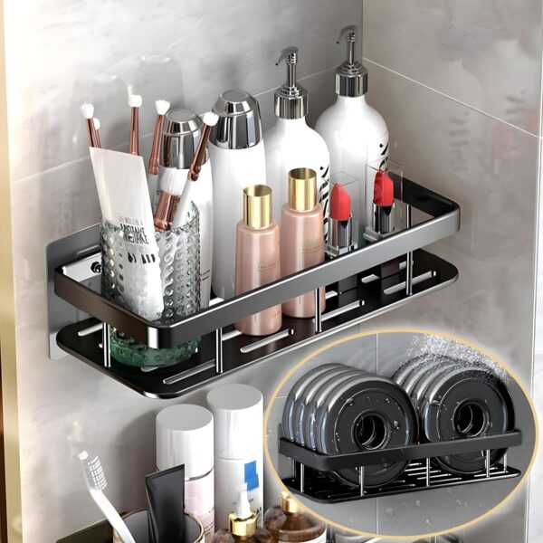 Multipurpose Wall-Mounted Bathroom Organizer Rack – Self-Adhesive, Drill-Free Aluminium Holder for Toiletries & Accessories (Black, Pack of 2)