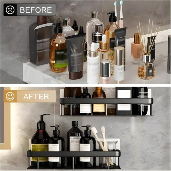 Multipurpose Wall-Mounted Bathroom Organizer Rack – Self-Adhesive, Drill-Free Aluminium Holder for Toiletries & Accessories (Black, Pack of 2)