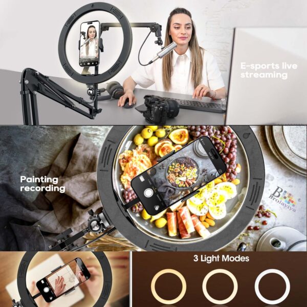 BROLAVIYA No Shadow Overhead Video Mobile Stand with Extra Long Metal Arm,10inch Selfie Ring Light,2 Way Base clamp 1/4" Adaptor for Camera, GoPro and Mobile Bracket for Desktop, Bedroom, Office