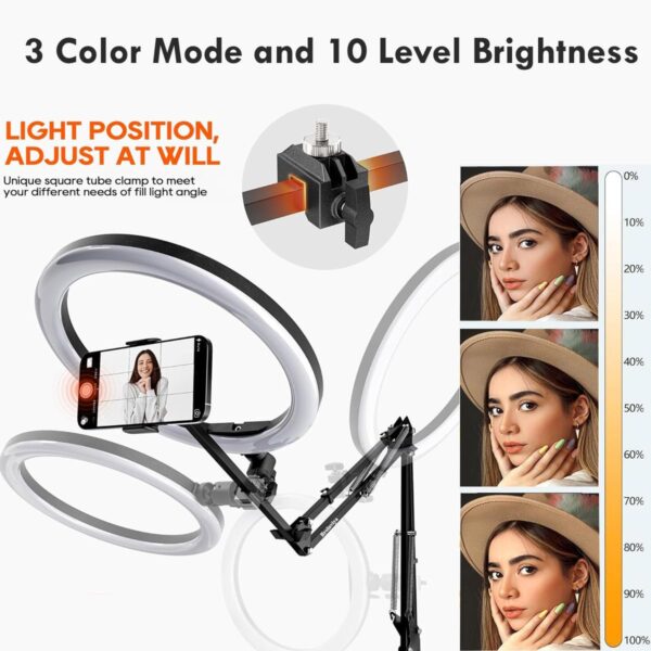 BROLAVIYA No Shadow Overhead Video Mobile Stand with Extra Long Metal Arm,10inch Selfie Ring Light,2 Way Base clamp 1/4" Adaptor for Camera, GoPro and Mobile Bracket for Desktop, Bedroom, Office