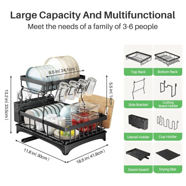 1774759321_Kitstorack-2-Tier-Dish-Drainer-Rack-for-Kitchen-Counter-Stainless-Steel-With-Swivel-Drainage-Spout-Utensil-and-Cup-Holders-Cutting-Board-Holder-and-Drying-Mat.jpg Kitstorack 2 Tier Dish Drainer Rack for Kitchen Counter, Stainless Steel With Swivel Drainage Spout, Utensil and Cup Holders, Cutting-Board Holder and Drying Mat