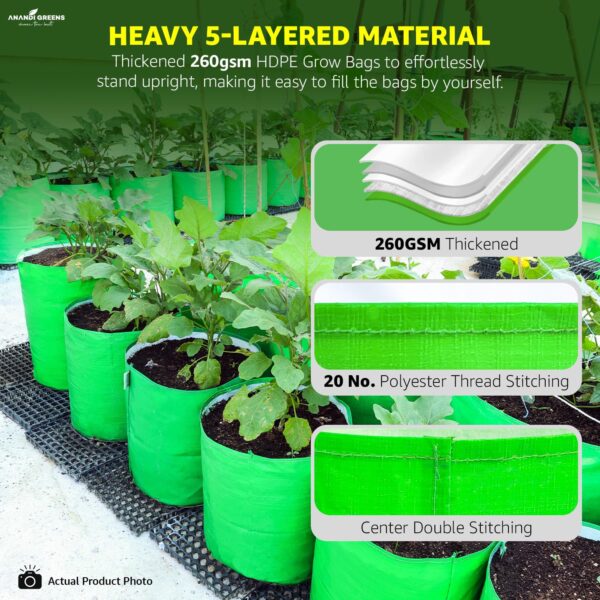 Anandi Green's Premium HDPE Uv Protected 260 GSM Round Shaped Green Colour Plants Grow Bags Suitable for Terrace and Vegetable Gardening 12x12 Inch Pack of 5 Grow Bags
