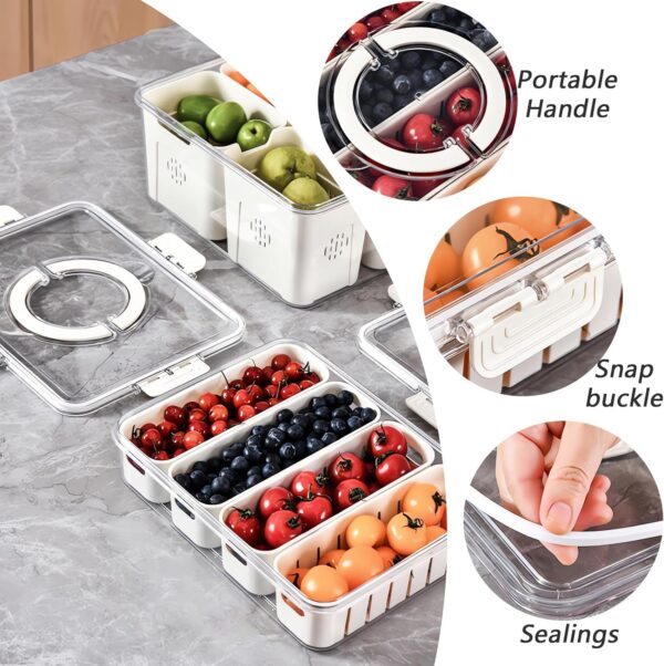 Vasukie Divided Fridge Storage Boxes With 4 Serving Veggie Tray with Lid and Handle, Fridge Organizer with Removable 4 Compartment, Fridge Storage Containers (4 Compartment-1PC)