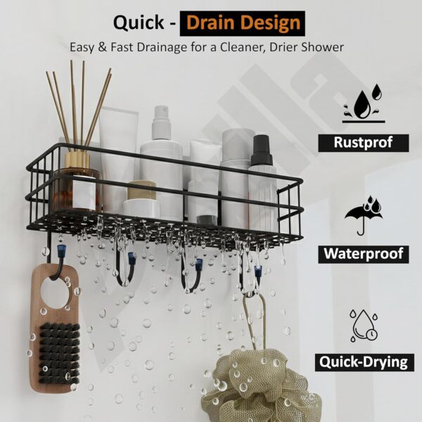 Self Adhesive Bathroom Shelf Without Drill | GI Steel Wall Mounted Bathroom Organizer Rack with Hooks | Rustproof Powder Coated Bathroom Stand (Black)