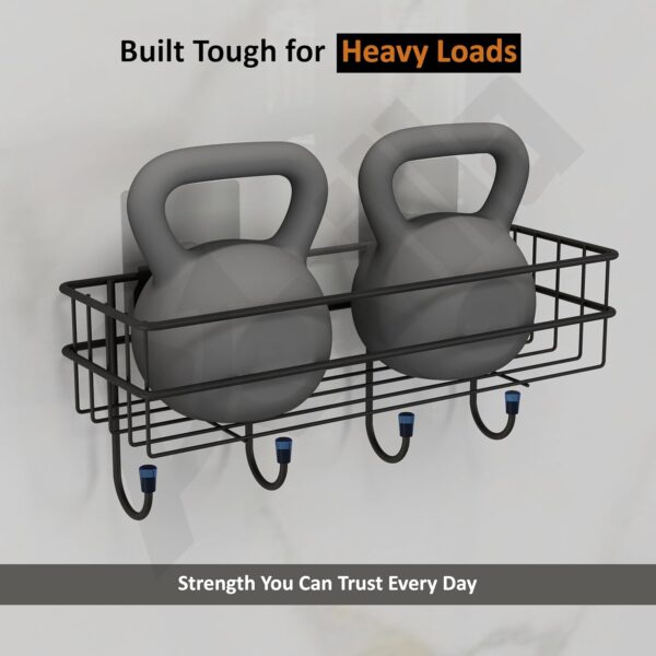 Self Adhesive Bathroom Shelf Without Drill | GI Steel Wall Mounted Bathroom Organizer Rack with Hooks | Rustproof Powder Coated Bathroom Stand (Black)