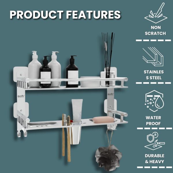 GLOXY Premium Multipurpose Adhesive Stickers Stainless Steel Bathroom Shelf with Soap Dish and Toothbrush Holder - 4 in 1 Bathroom Accessories Set - 15 x 5 Inches