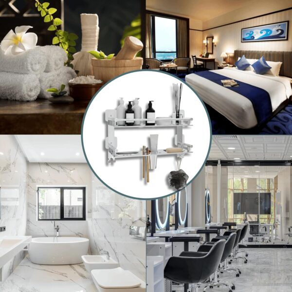 GLOXY Premium Multipurpose Adhesive Stickers Stainless Steel Bathroom Shelf with Soap Dish and Toothbrush Holder - 4 in 1 Bathroom Accessories Set - 15 x 5 Inches
