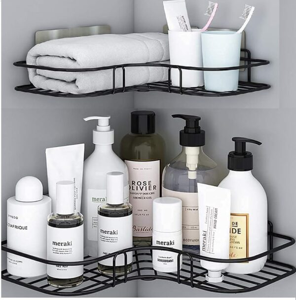 Metal Self-Adhesive Corner Shelf – Pack of 2 Bathroom & Kitchen Storage Organizer | Wall Mounted Rack Shelf for Bathroom Accessories | No Drilling Adhesive Installation