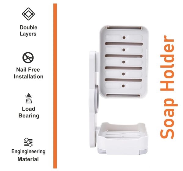 JIALTO Plastic Wall Mounted Double Layers Soap Dish Saver with Drain Tray, Adhesive Sponge Holder No-Drilling Soap Holder for Shower Bathroom Kitchen - Multicolour
