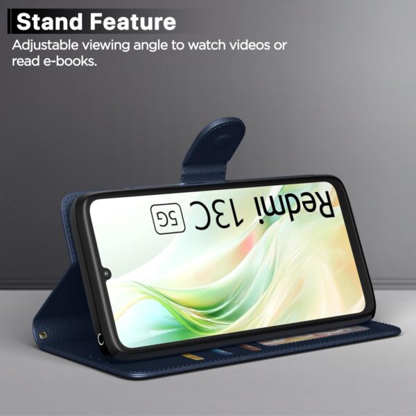 Pikkme Flip Cover Leather Finish | Inside TPU with Card Pockets | Wallet Stand and Shock Proof | Complete Protection Flip Case for Redmi 13C 5G(Blue)