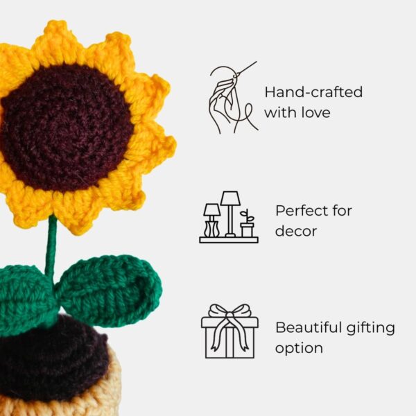 Greenkin Handmade Crochet Sunflower with Pot (Big) | Artificial Flowers for Car Dashboard, Office Table, Home Decor, Gifting | Knitted Crochet Flower | Artificial Sunflower Plant