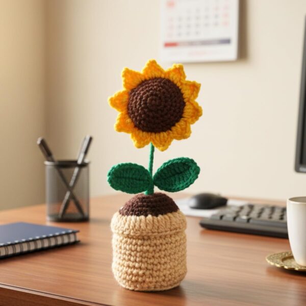 Greenkin Handmade Crochet Sunflower with Pot (Big) | Artificial Flowers for Car Dashboard, Office Table, Home Decor, Gifting | Knitted Crochet Flower | Artificial Sunflower Plant