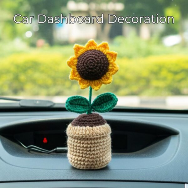 Greenkin Handmade Crochet Sunflower with Pot (Big) | Artificial Flowers for Car Dashboard, Office Table, Home Decor, Gifting | Knitted Crochet Flower | Artificial Sunflower Plant