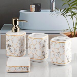 Kookee Ceramic Bathroom Set – Stylish 4 Piece Bath Accessories Kookee Ceramic Bathroom Set – Stylish 4 Piece Bath Accessories Kit with Soap Dispenser, Toothbrush Holder, Tumbler & Soap Dish – Modern & Designer Decor for Home & Guest Bathrooms, White/Gold (9898)