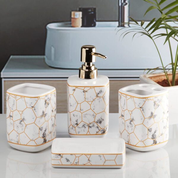 1774811770_Kookee-Ceramic-Bathroom-Set-–-Stylish-4-Piece-Bath-Accessories-Kit-with-Soap-Dispenser-Toothbrush-Holder-Tumbler-Soap-Dish-–-Modern-Designer-Decor-for-Home-Guest-Bathrooms-WhiteGold-9898.jpg Kookee Ceramic Bathroom Set – Stylish 4 Piece Bath Accessories Kit with Soap Dispenser, Toothbrush Holder, Tumbler & Soap Dish – Modern & Designer Decor for Home & Guest Bathrooms, White/Gold (9898)