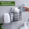 Bathroom Toothbrush Holder Wall Mounted Adhesive Toothpaste Organizer Bathroom Accessories Stand Rust Proof Metal Storage Rack for Tooth Brush Cup Razor Comb Bathroom Shelf