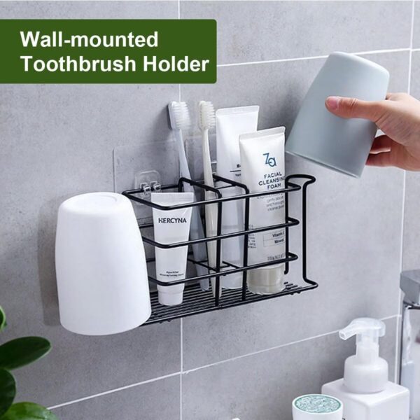 Bathroom Toothbrush Holder Wall Mounted Adhesive Toothpaste Organizer Bathroom Accessories Stand Rust Proof Metal Storage Rack for Tooth Brush Cup Razor Comb Bathroom Shelf