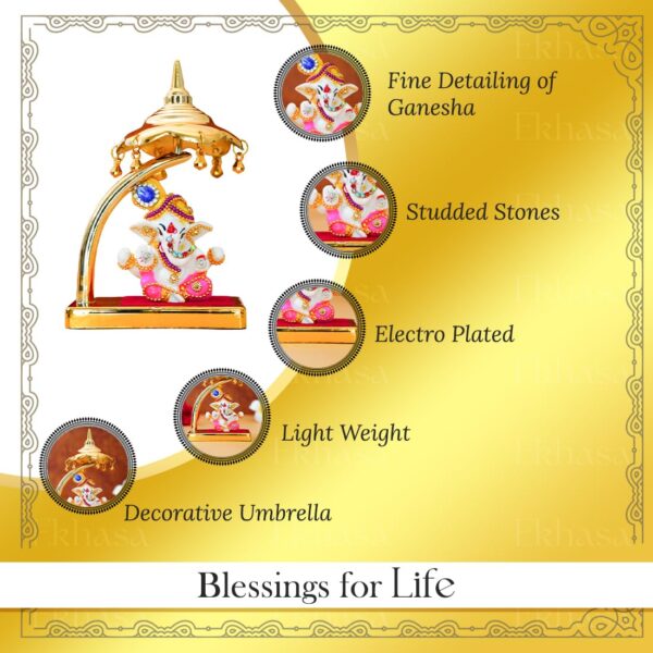 Ekhasa Ganesh Idol for Car Dashboard with Umbrella | Ganpati Idol for Cars | Vinayak Idols for Car Dash Board, Home Decor | Ganapathi for Home | Vinayagar Statue for Office Desk