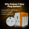 EMBOX 3 Pin Multi Plug Adapter with Individual Switch 3 Pin Plug Socket Safety Shutter Spike Buster Fuse Protected Adapter 3 Way Plug Extension for Home Office Travel-5A-250V, Pack of 1 Orange