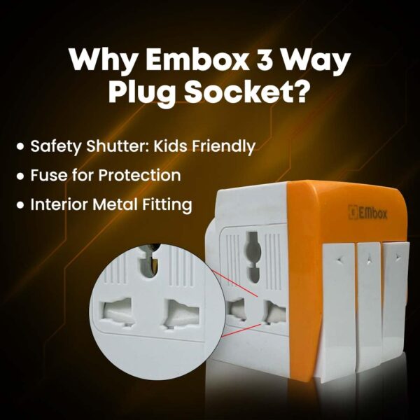 EMBOX 3 Pin Multi Plug Adapter with Individual Switch 3 Pin Plug Socket Safety Shutter Spike Buster Fuse Protected Adapter 3 Way Plug Extension for Home Office Travel-5A-250V, Pack of 1 Orange