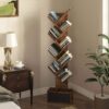Solid Sheesham Wood Corner Book Shelf Wooden | Bookshelf for Home | Tree Book Shelf | Bookcase with Open 8 Shelf & One Drawer Storage | Tall Display Unit Book Stand | Rosewood, Honey Finish