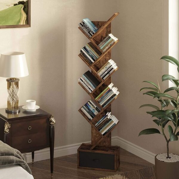Solid Sheesham Wood Corner Book Shelf Wooden | Bookshelf for Home | Tree Book Shelf | Bookcase with Open 8 Shelf & One Drawer Storage | Tall Display Unit Book Stand | Rosewood, Honey Finish