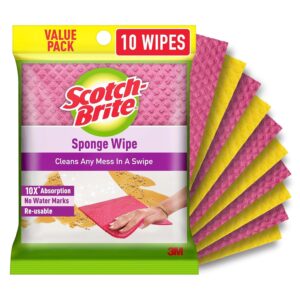Scotch-Brite Sponge Wipes- Reusable, Kitchen and House Cleaning- Easy to use, Cleans any mess in a swipe, Absorbs water its own 10x weight, Multi- color, Biodegradable (pack of 10)