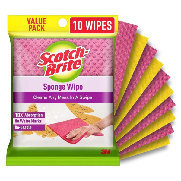 Scotch-Brite Sponge Wipes- Reusable, Kitchen and House Cleaning- Easy to Scotch-Brite Sponge Wipes- Reusable, Kitchen and House Cleaning- Easy to use, Cleans any mess in a swipe, Absorbs water its own 10x weight, Multi- color, Biodegradable (pack of 10)