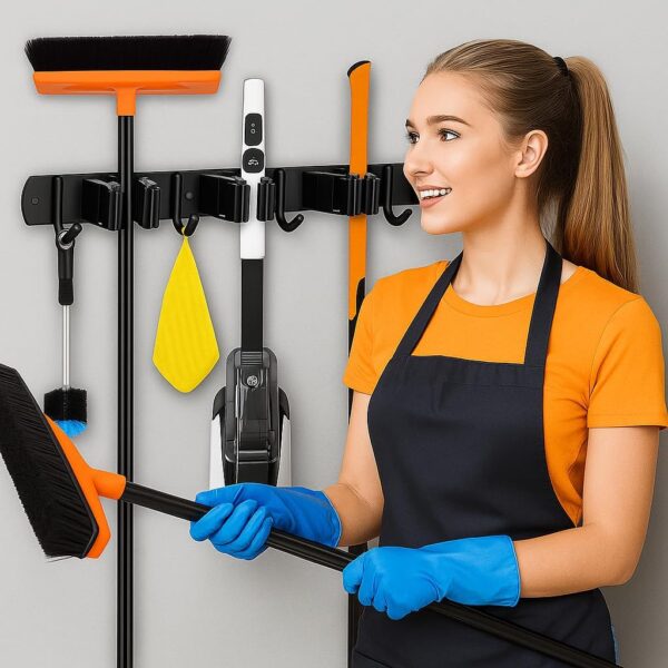 JIALTO Broom Holder and Mop Organizer | Mop Holder For Wall Without Drilling with 4 Slots and 5 Hooks for Kitchen, Garage, Garden, and Utility | Space Saving Cleaning Tool Organizer (Black)
