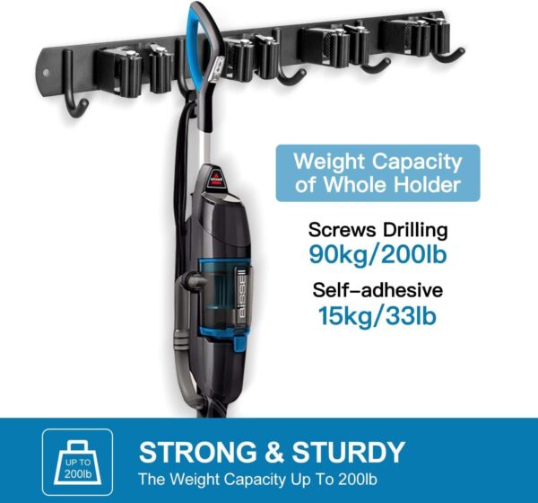 JIALTO Broom Holder and Mop Organizer | Mop Holder For Wall Without Drilling with 4 Slots and 5 Hooks for Kitchen, Garage, Garden, and Utility | Space Saving Cleaning Tool Organizer (Black)