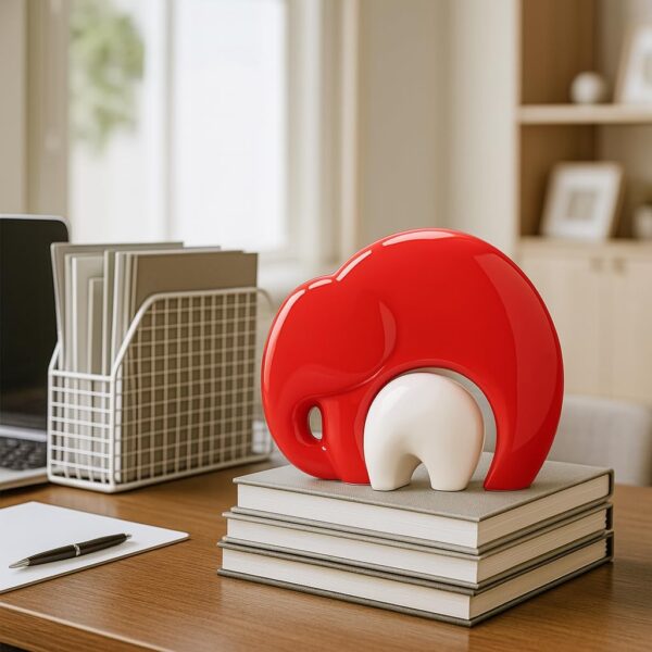LIFEHAXTORE® Home Décor Lucky Charm Elephant Mother and Kid Set | Piano Finish Ceramic Figures - (Set of 2 Piece, Red White)