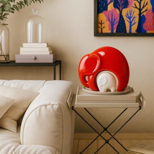 LIFEHAXTORE® Home Décor Lucky Charm Elephant Mother and Kid Set | Piano Finish Ceramic Figures - (Set of 2 Piece, Red White)