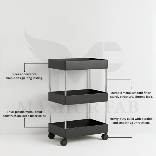 MASHUR FAB Multi Trolly Multipurpose Portable Storage Floor Standing Or Tabletop Rack|Trolley with Wheels for Kitchen Storage, Tiered Shelf (Stainless Steel, 3 Tier)