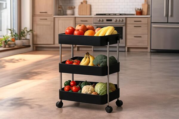 MASHUR FAB Multi Trolly Multipurpose Portable Storage Floor Standing Or Tabletop Rack|Trolley with Wheels for Kitchen Storage, Tiered Shelf (Stainless Steel, 3 Tier)