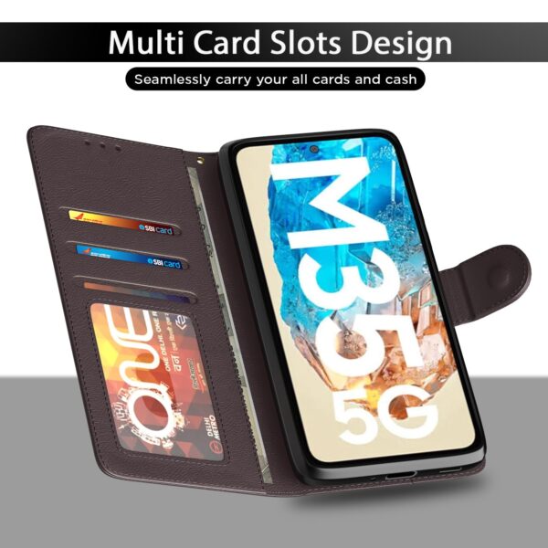 Pikkme Flip Cover Leather Finish | Inside TPU with Card Pockets | Wallet Stand and Shock Proof | Complete Protection Flip Case for Samsung Galaxy M35 5G (Coffee)