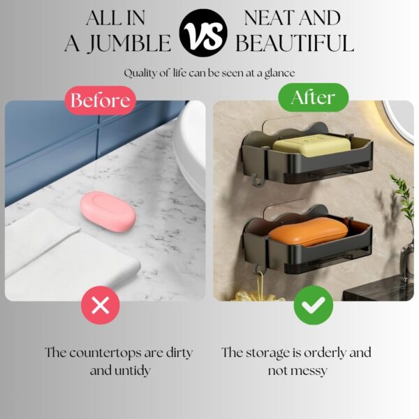Self-Adhesive Bathroom Soap Holder with Drainage Tray | Wall Mounted Plastic Soap & Sponge Organizer Rack | Waterproof, Durable Bathroom Accessories (Pack of 4)