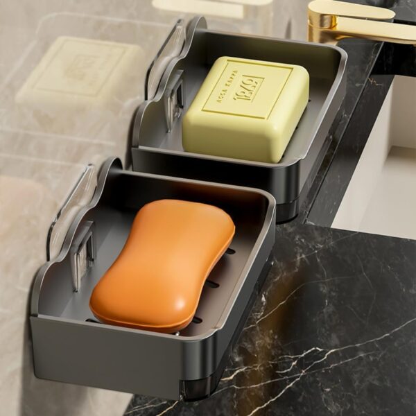 Self-Adhesive Bathroom Soap Holder with Drainage Tray | Wall Mounted Plastic Soap & Sponge Organizer Rack | Waterproof, Durable Bathroom Accessories (Pack of 4)