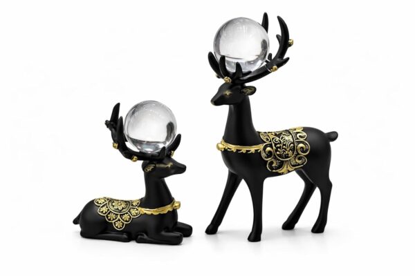 CHIBRO Decorative Crystal Ball Animal Showpiece for Home Décor | Swan & Deer Design Polyresin Table Décor with Glass Ball | Living Room, Office & Gift Item (Premium Black Deer Couple Showpiece)