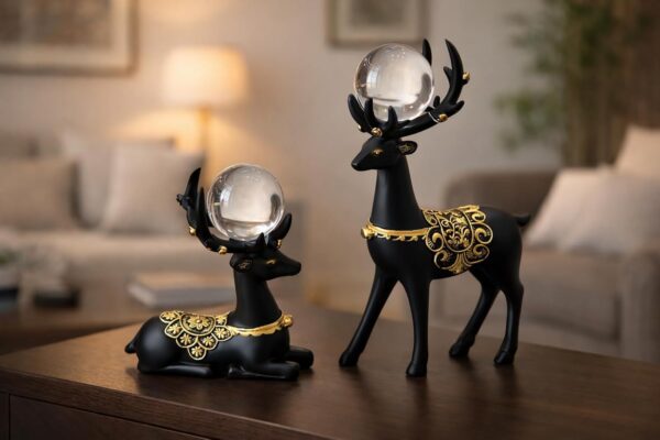 CHIBRO Decorative Crystal Ball Animal Showpiece for Home Décor | Swan & Deer Design Polyresin Table Décor with Glass Ball | Living Room, Office & Gift Item (Premium Black Deer Couple Showpiece)