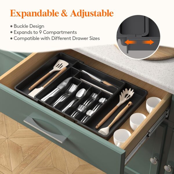 Lifewit Utensil Organizer for Kitchen Drawer, Expandable Cooking Silverware Tray, Adjustable Cutlery Flatware Holder, Plastic Spatula Tools Storage Divider, 13-22.4 x 15", Black