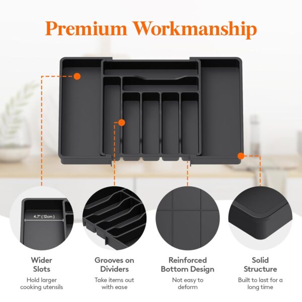 Lifewit Utensil Organizer for Kitchen Drawer, Expandable Cooking Silverware Tray, Adjustable Cutlery Flatware Holder, Plastic Spatula Tools Storage Divider, 13-22.4 x 15", Black