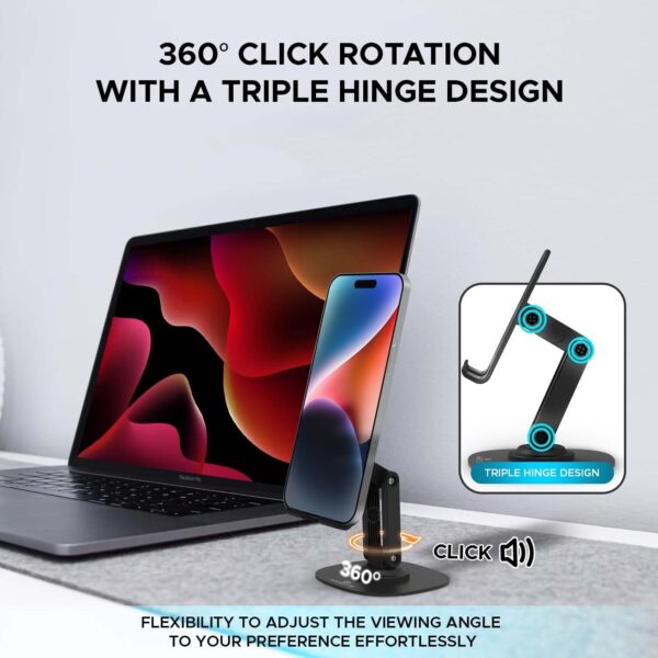 Amkette Ergo 360° Rotation Mobile Phone Holder, Foldable Design Mobile Stand with Stable Metallic Round Base, Multiple Height & Angle adjustments for Smartphones, Tablets, Kindles & iPad, (Black)