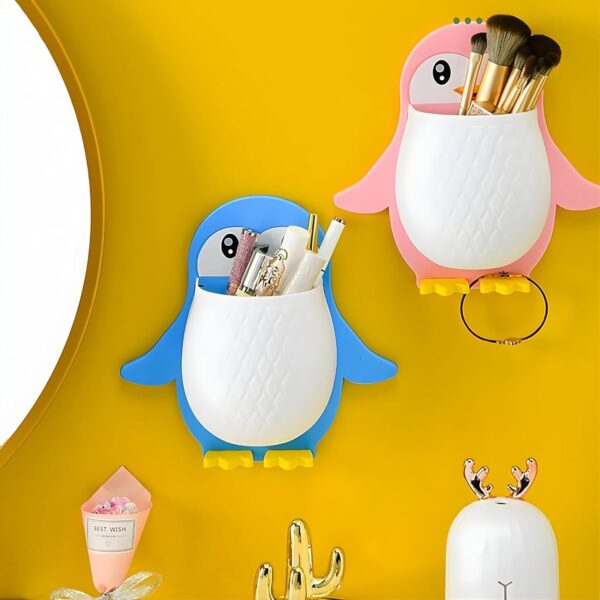 Penguin Shaped Wall Mounted Holder, Self Adhesive Storage Organizer for Bathroom, Toothbrush and Brush Stand,Multipurpose Plastic Bathroom Accessory (White -Pink) (Pack of 1)