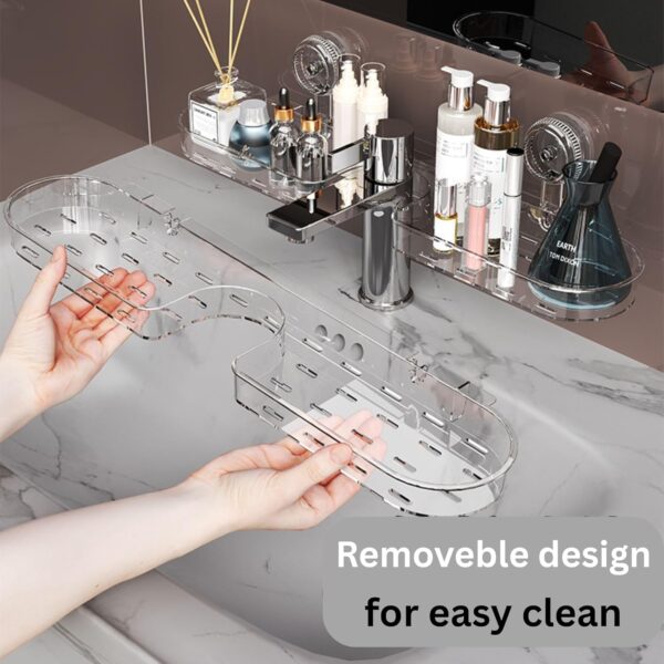 Primechoice Basin Sink Organizer with Suction + Adhesive Mount – Transparent Wall Shelf for Soap, Bottles, Sponge, Toothbrush & Cleaning Accessories | No-Drill Bathroom Storage Rack (Pack of 1)