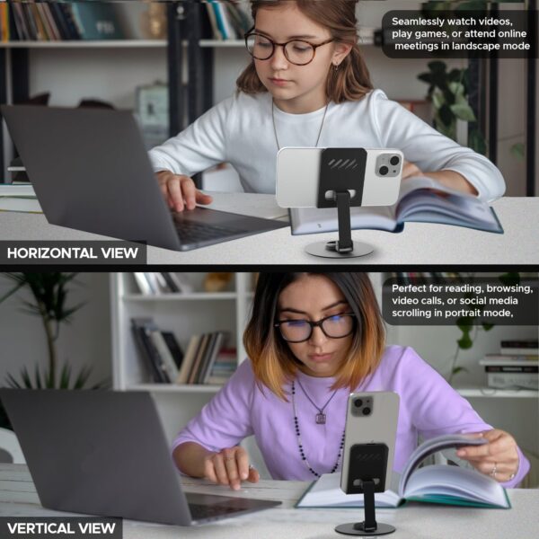 Amkette Ergo 360° Alloy Mobile Stand for Desk, Foldable Design with Stable Rotational Metallic Round Base, Multiple Height & Angle adjustments for Smartphones, Tablets & iPad (Black)