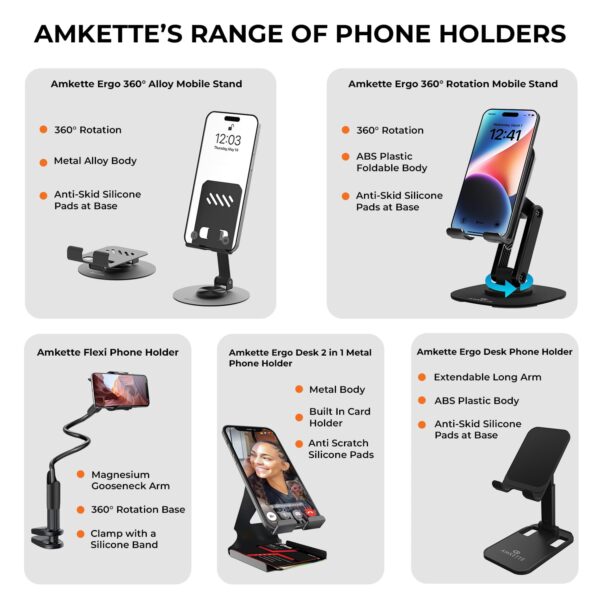 Amkette Ergo 360° Alloy Mobile Stand for Desk, Foldable Design with Stable Rotational Metallic Round Base, Multiple Height & Angle adjustments for Smartphones, Tablets & iPad (Black)
