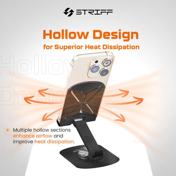 STRIFF mobSpin 360° Rotating Metal Phone Stand, Foldable Mobile Holder with Adjustable Height & Angle, Stable Round Base, Thick Case Friendly, for Smartphones, Tablets, Kindles & iPads – Black