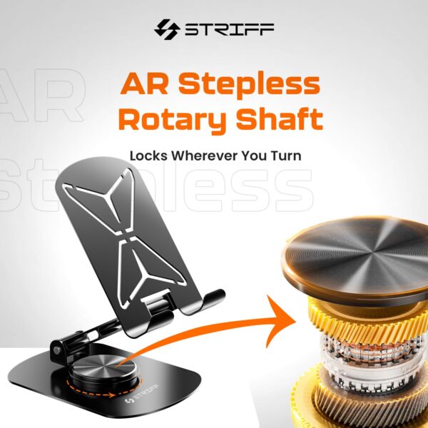 STRIFF mobSpin 360° Rotating Metal Phone Stand, Foldable Mobile Holder with Adjustable Height & Angle, Stable Round Base, Thick Case Friendly, for Smartphones, Tablets, Kindles & iPads – Black