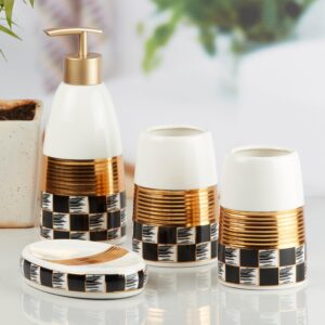 Kookee Ceramic Bathroom Set – Stylish 4 Piece Bath Accessories Kookee Ceramic Bathroom Set – Stylish 4 Piece Bath Accessories Kit with Soap Dispenser, Toothbrush Holder, Tumbler & Soap Dish – Modern & Designer Decor, White/Gold/Black (10081)